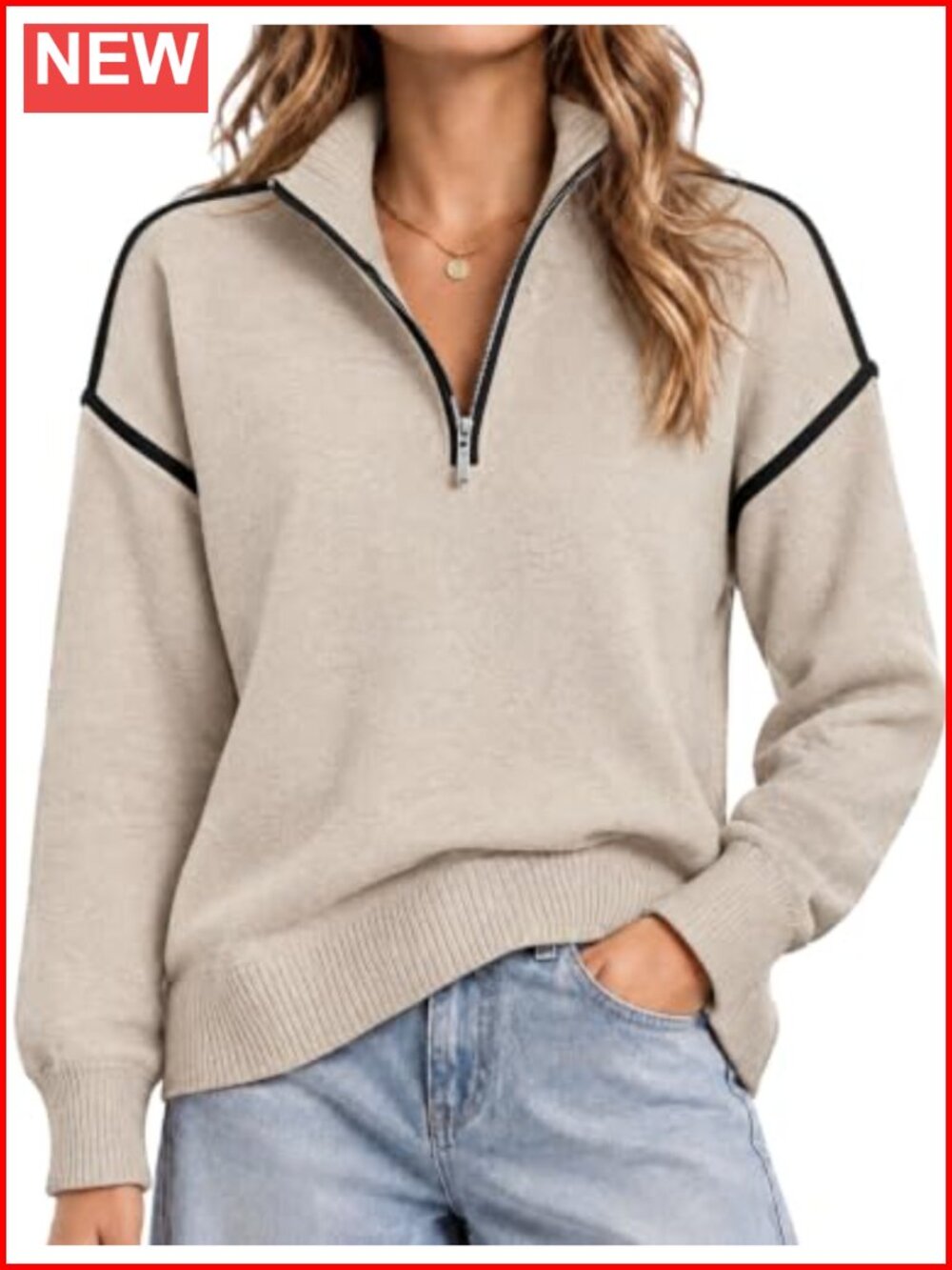 Quarter Zip Pullover Sweater Long Sleeve Collared Striped Knit Top Women
